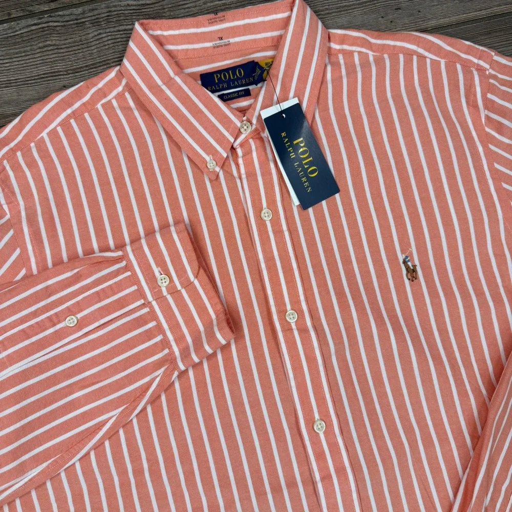 Polo Ralph Lauren Mens XL Button Down Shirt Orange White Stripe Classic Fit NWT